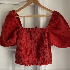 Red Puff Sleeve Smocked Top